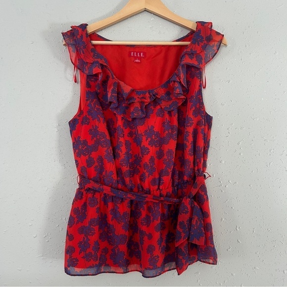 🦋 Elle Red Blue Floral Ruffle Belted Blouse Office Casual Large - Picture 1 of 4